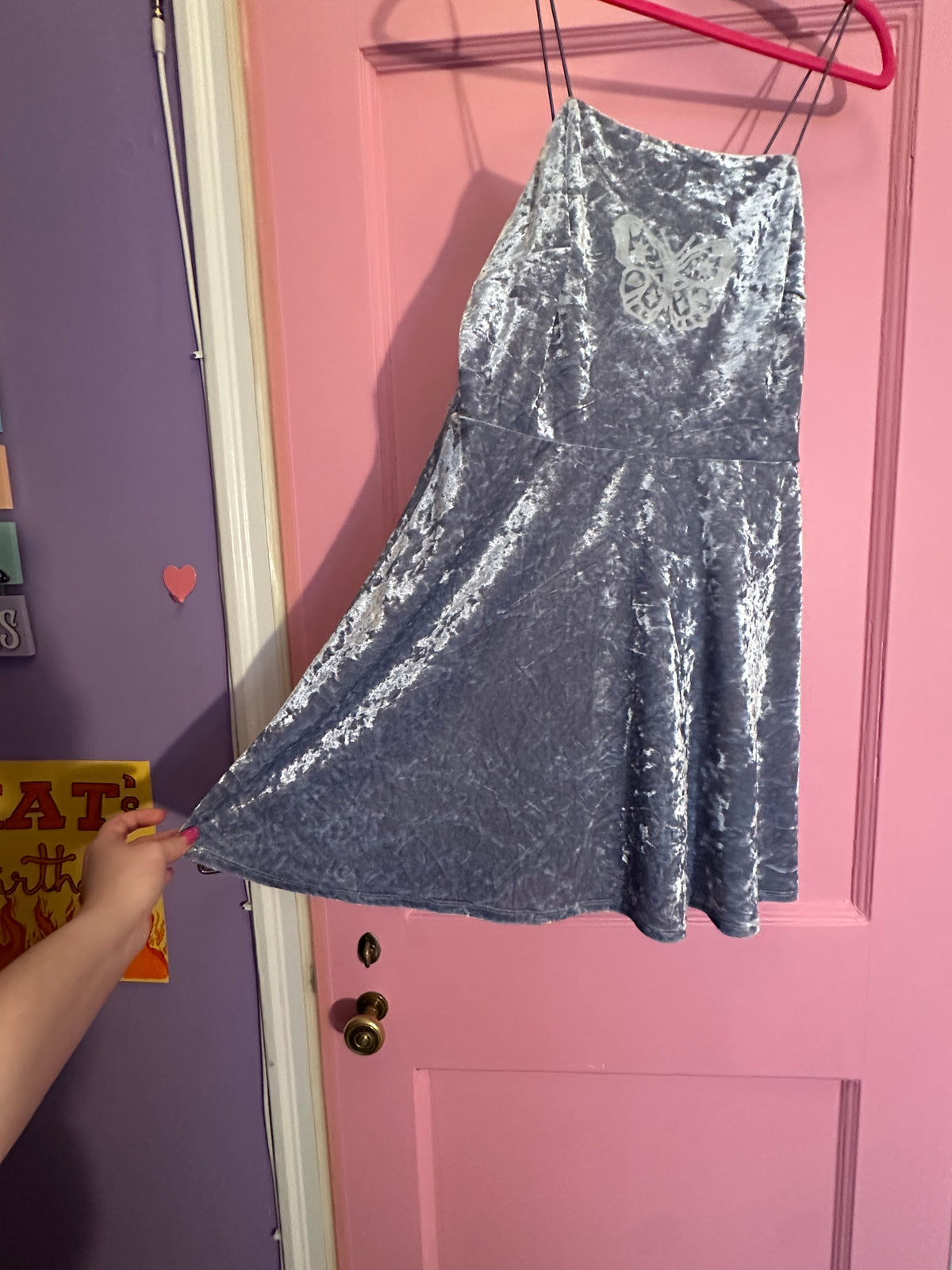 Size L blue velvet dress, v stretchy