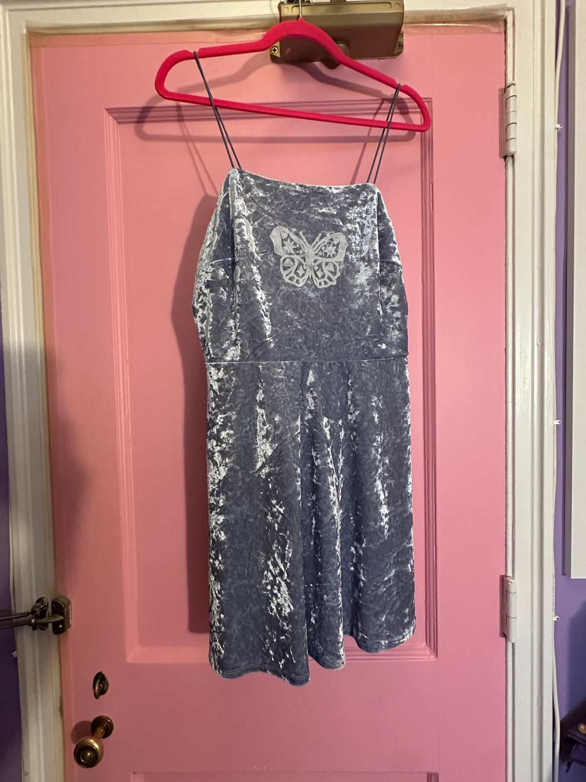 Size L blue velvet dress, v stretchy