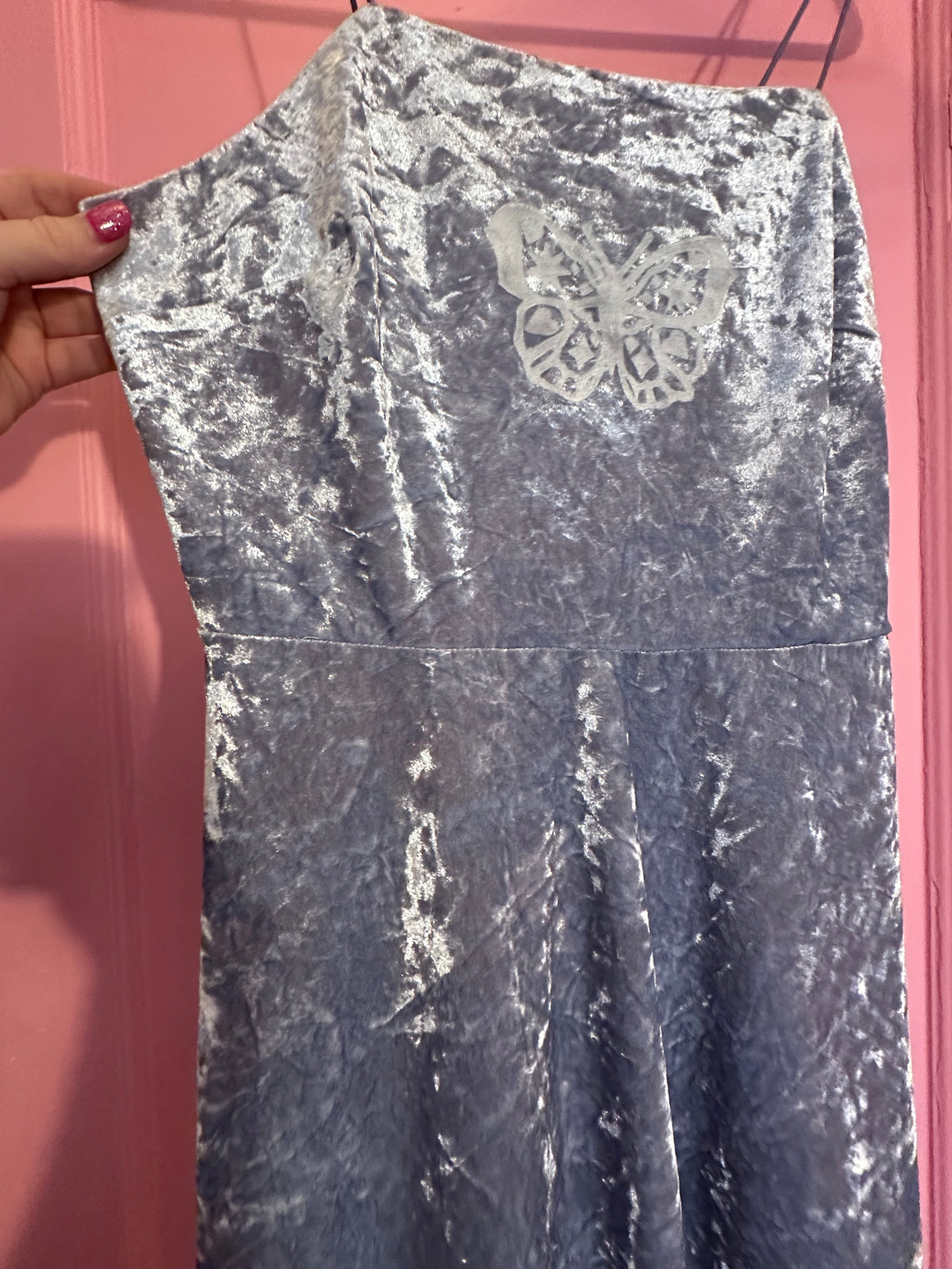 Size L blue velvet dress, v stretchy